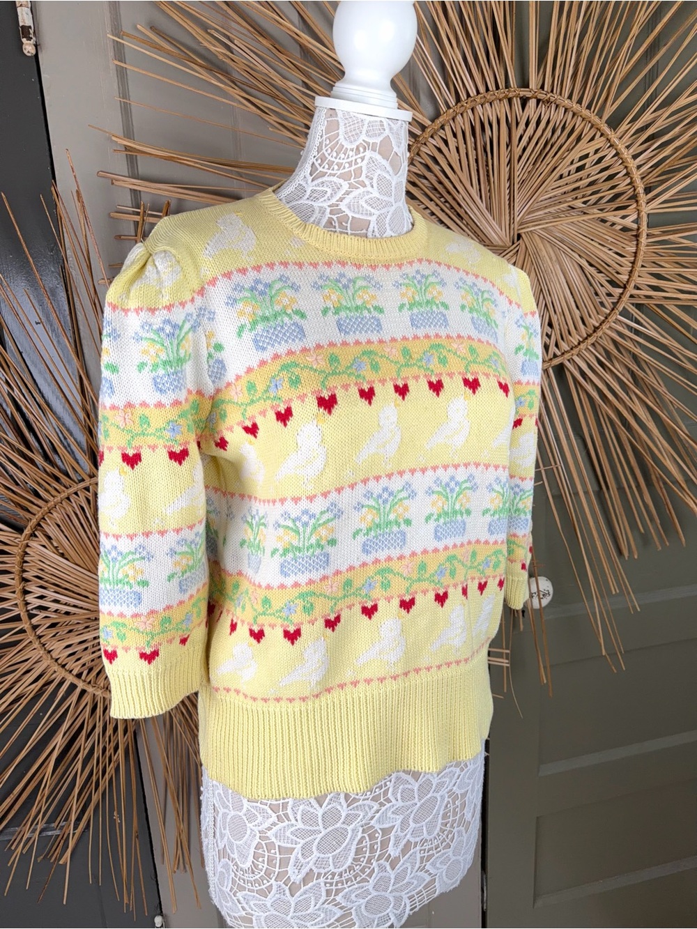 Moussie for Susan Bristol Yellow 3/4 Sleeve Sweater M 100% Cotton Hearts Birds